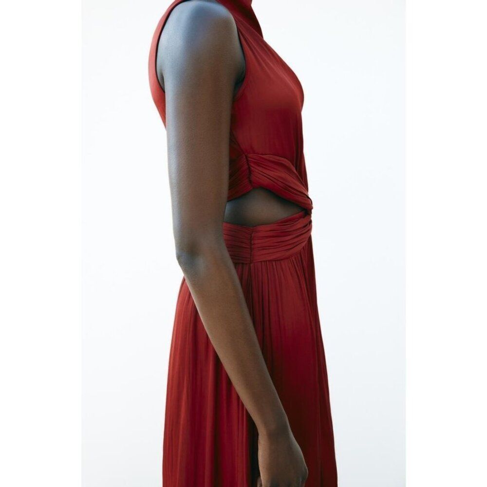 Zara Womens Midi Dress XL Terracotta Satin Effect Cut Out Side Slit 2842/945 NWT - Picture 4 of 16